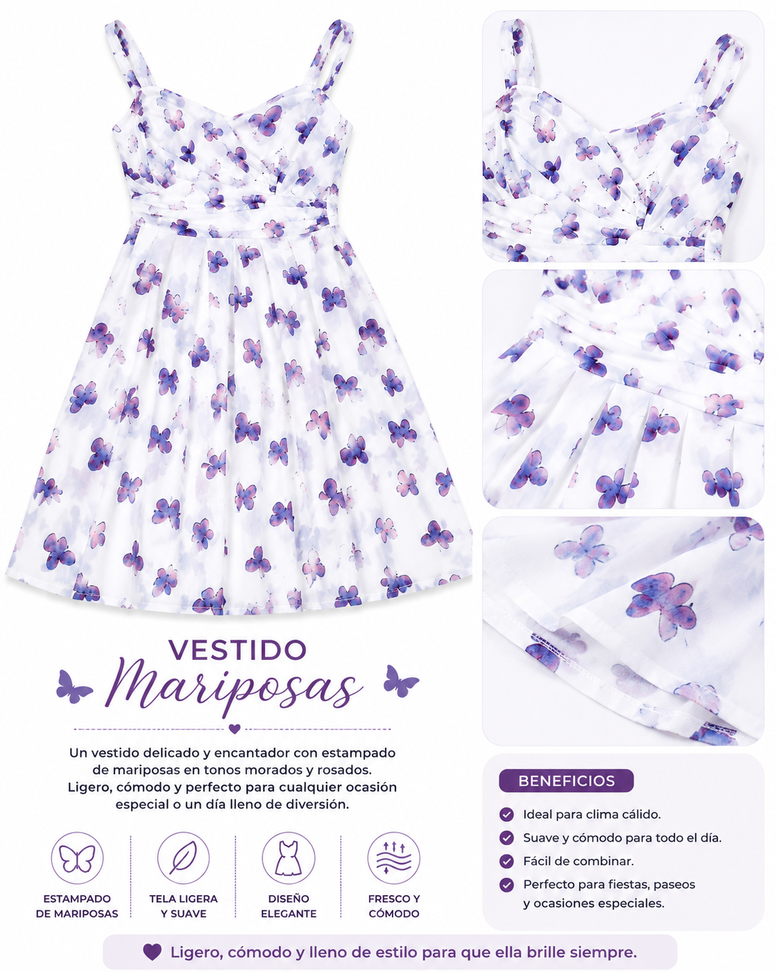 Vestido Infantil Blanco con Estampado de Mariposas en Tonos Lila y Rosa
