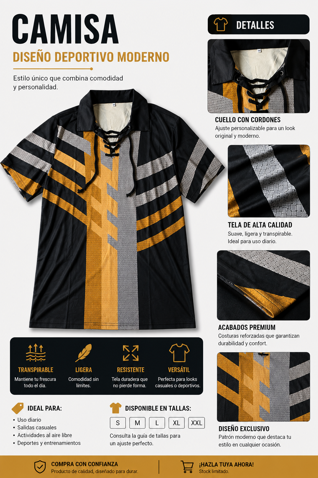 Camisa Masculina con Diseño Geométrico y Cuello con Cordones