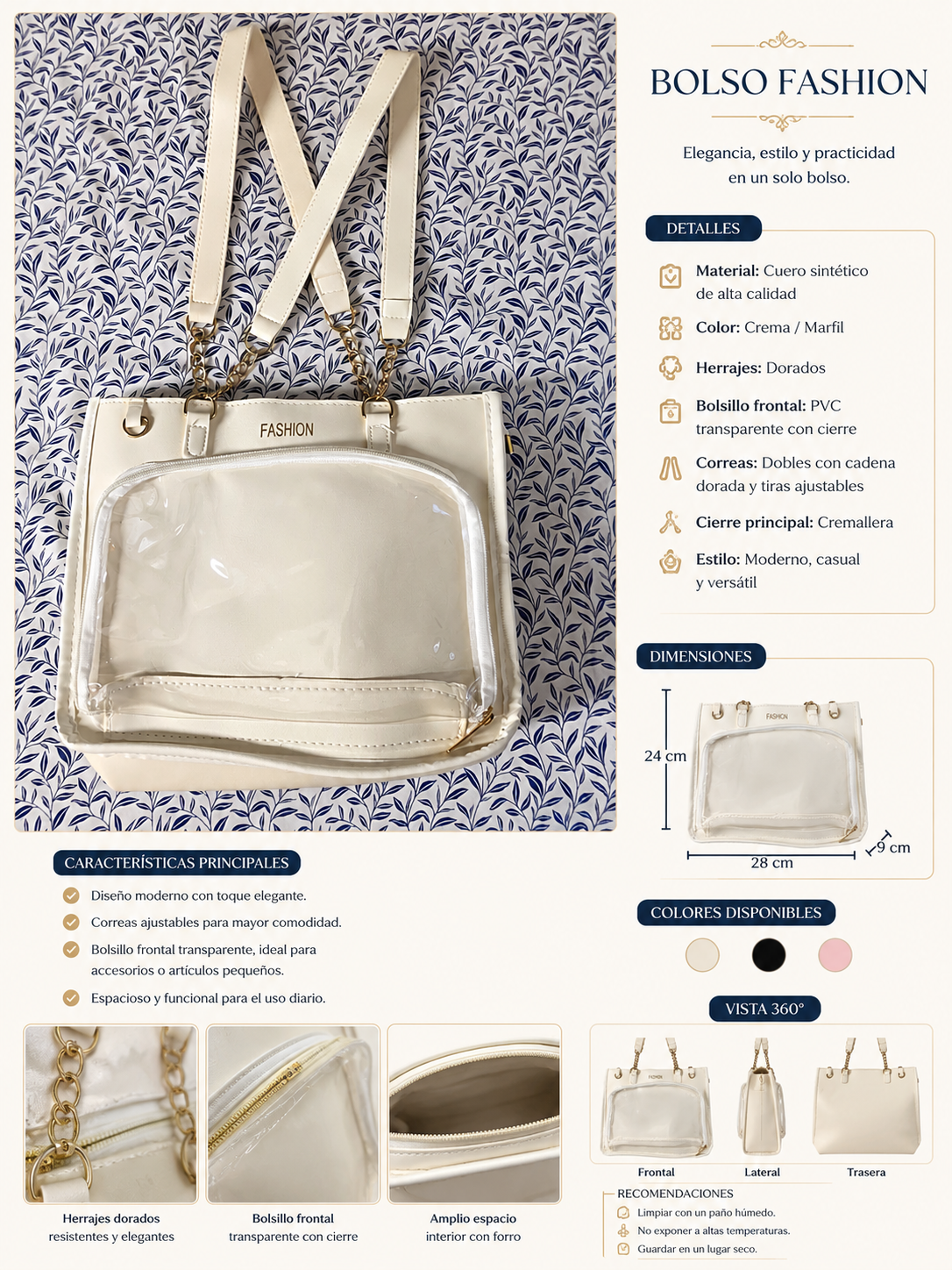 Bolso Fashion Transparente Elegante – Color Marfil