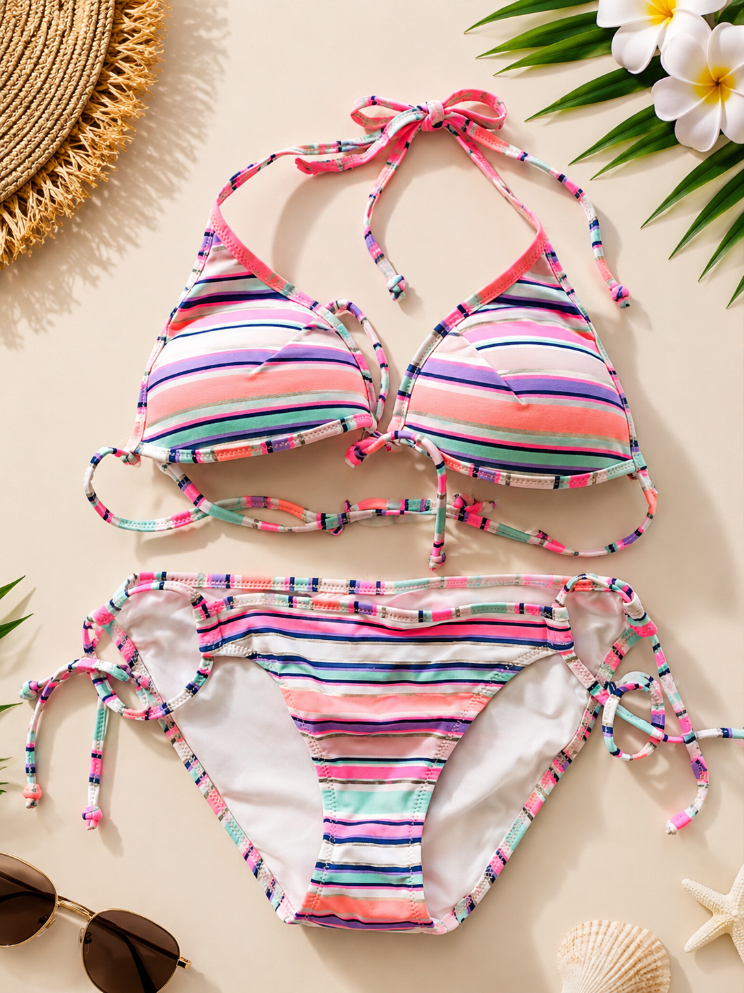 Bikini de Dos Piezas para Mujer con Rayas Multicolor y Broche