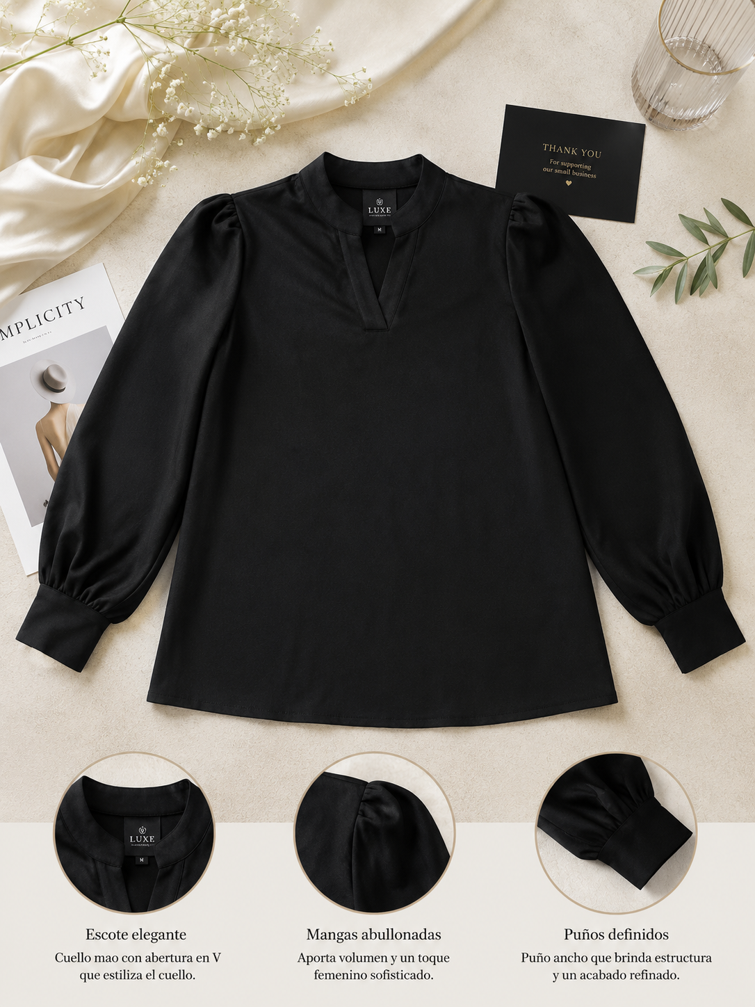 Blusa Elegante Negra de Manga Abullonada