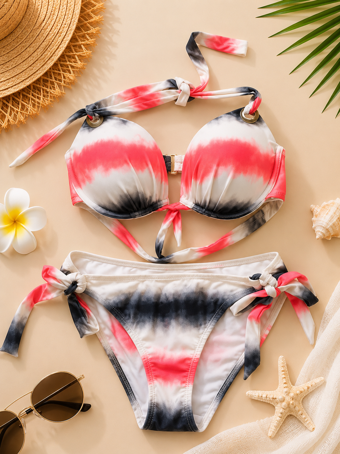 Bikini de Dos Piezas para Mujer Tie-Dye en Coral, Negro y Blanco