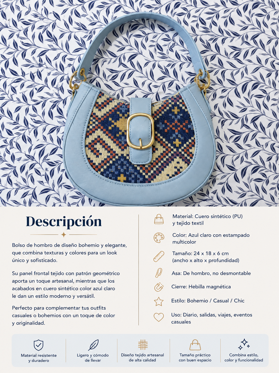 Bolso Bohemio Azul con Estampado Artesanal