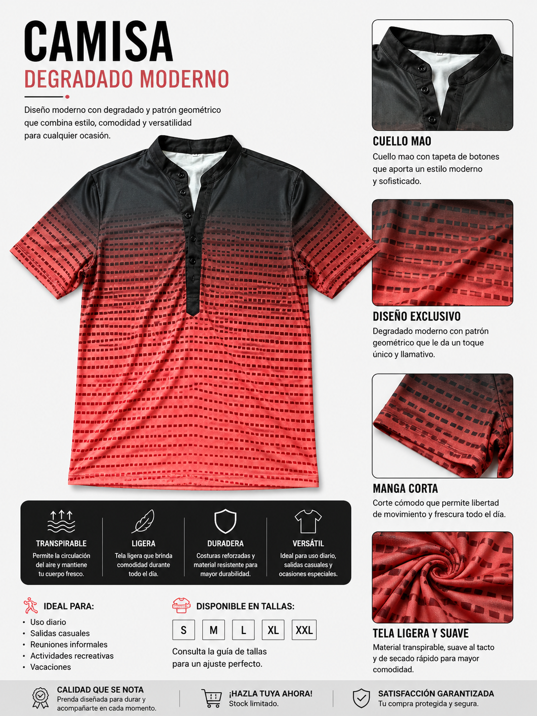 Camisa Masculina Degradada Negra y Roja con Cuello Mao