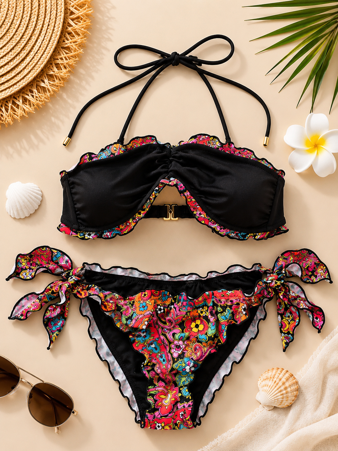Bikini de Dos Piezas para Mujer con Estampado Floral Multicolor y Volantes