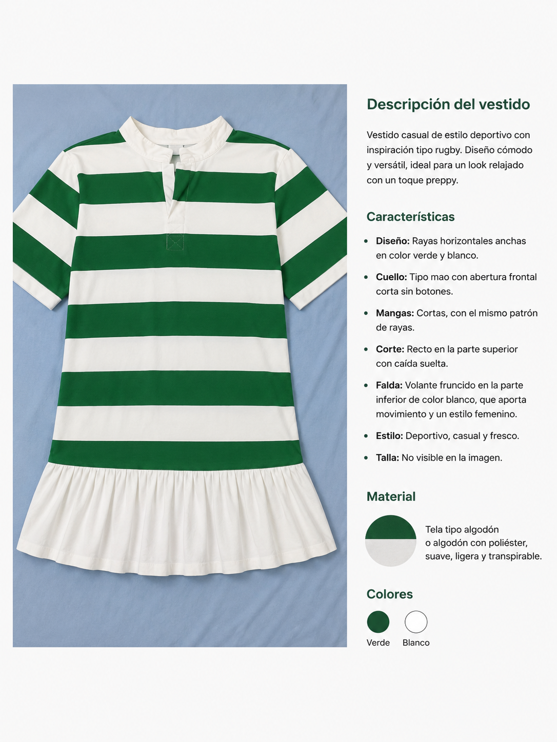 Vestido casual estilo deportivo con diseño moderno de rayas horizontales en verde y blanco
