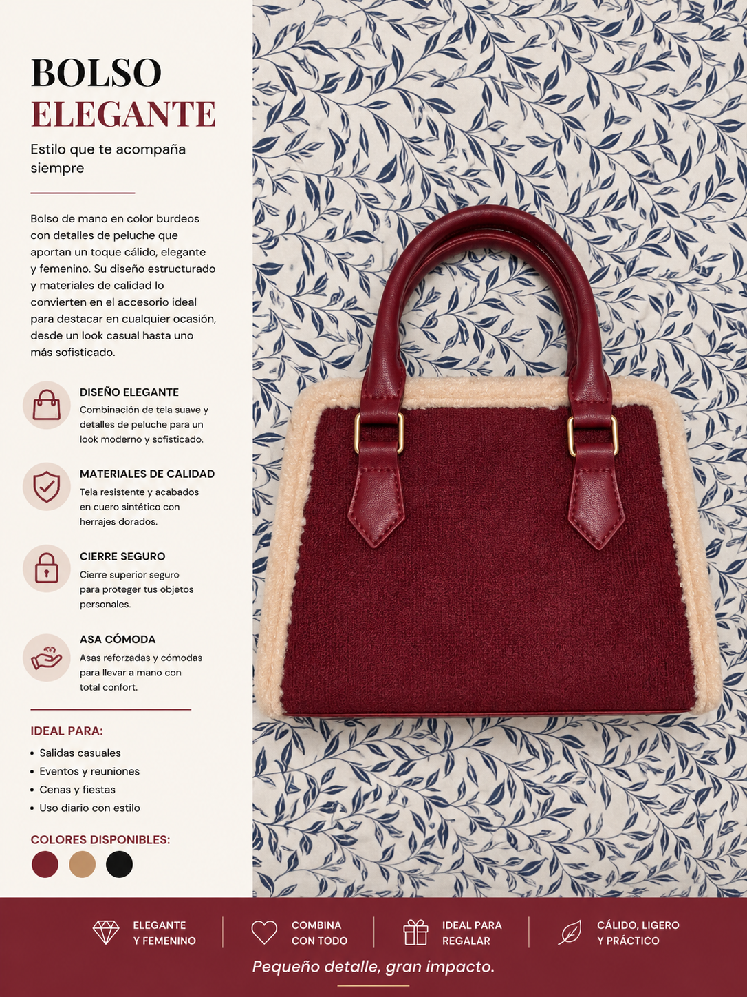 Bolso Elegante Burdeos con Detalles de Peluche
