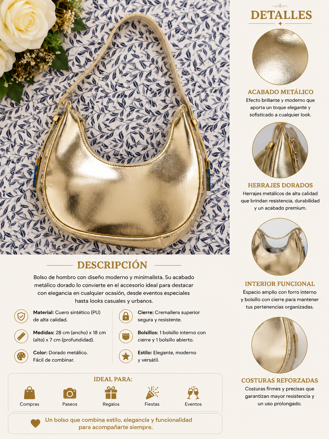 Bolso Hobo Metálico Dorado