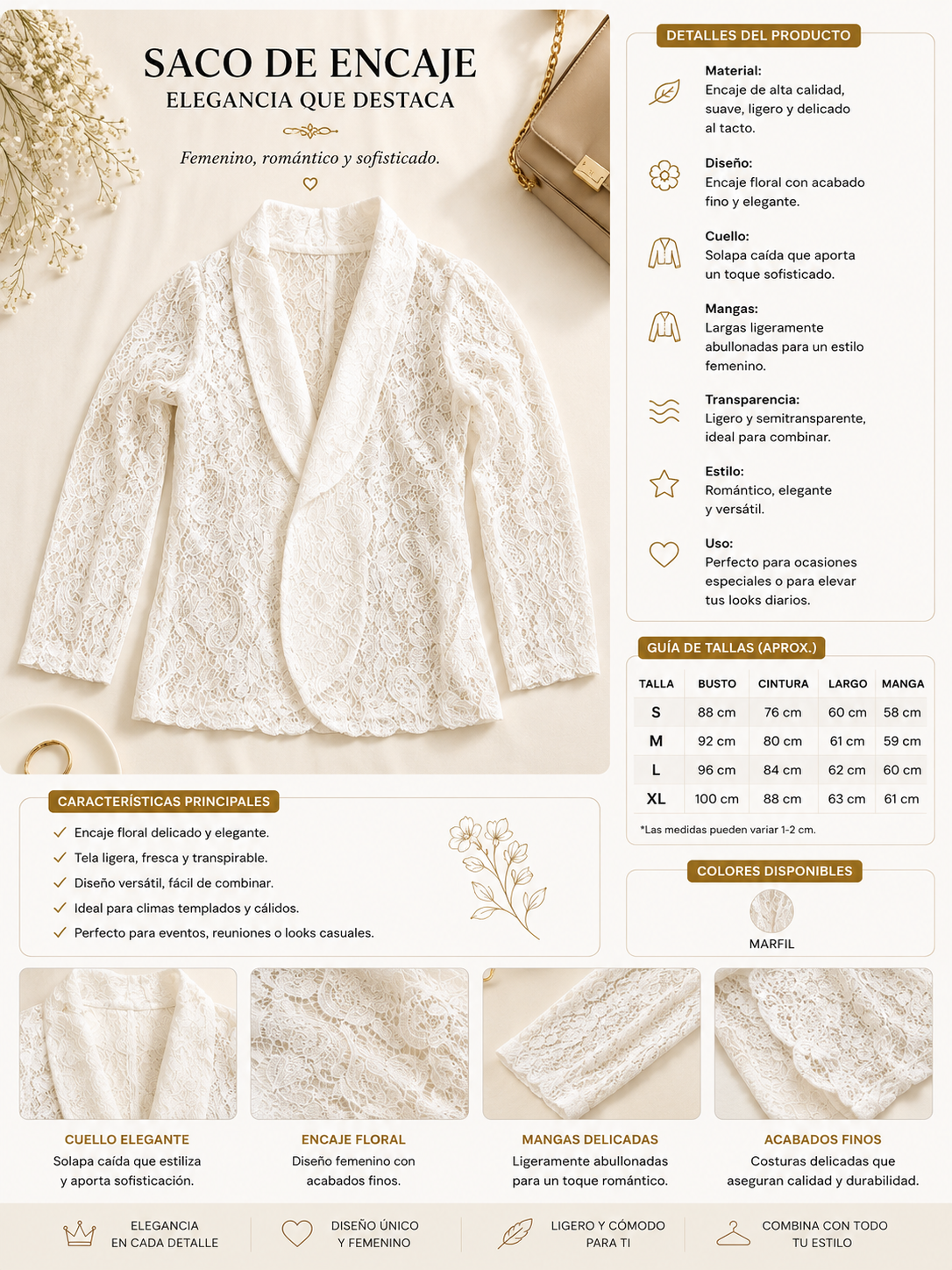 Saco de Encaje Blanco Elegante para Mujer