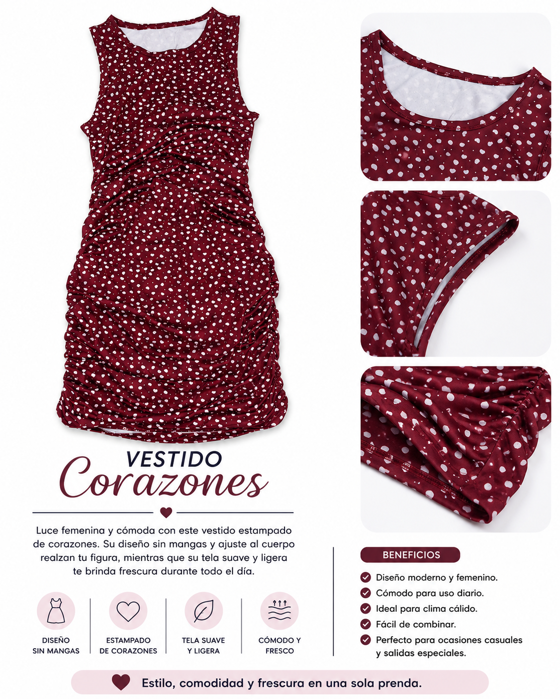 Vestido Vino Estampado de Corazones para Mujer – Elegante y Cómodo.