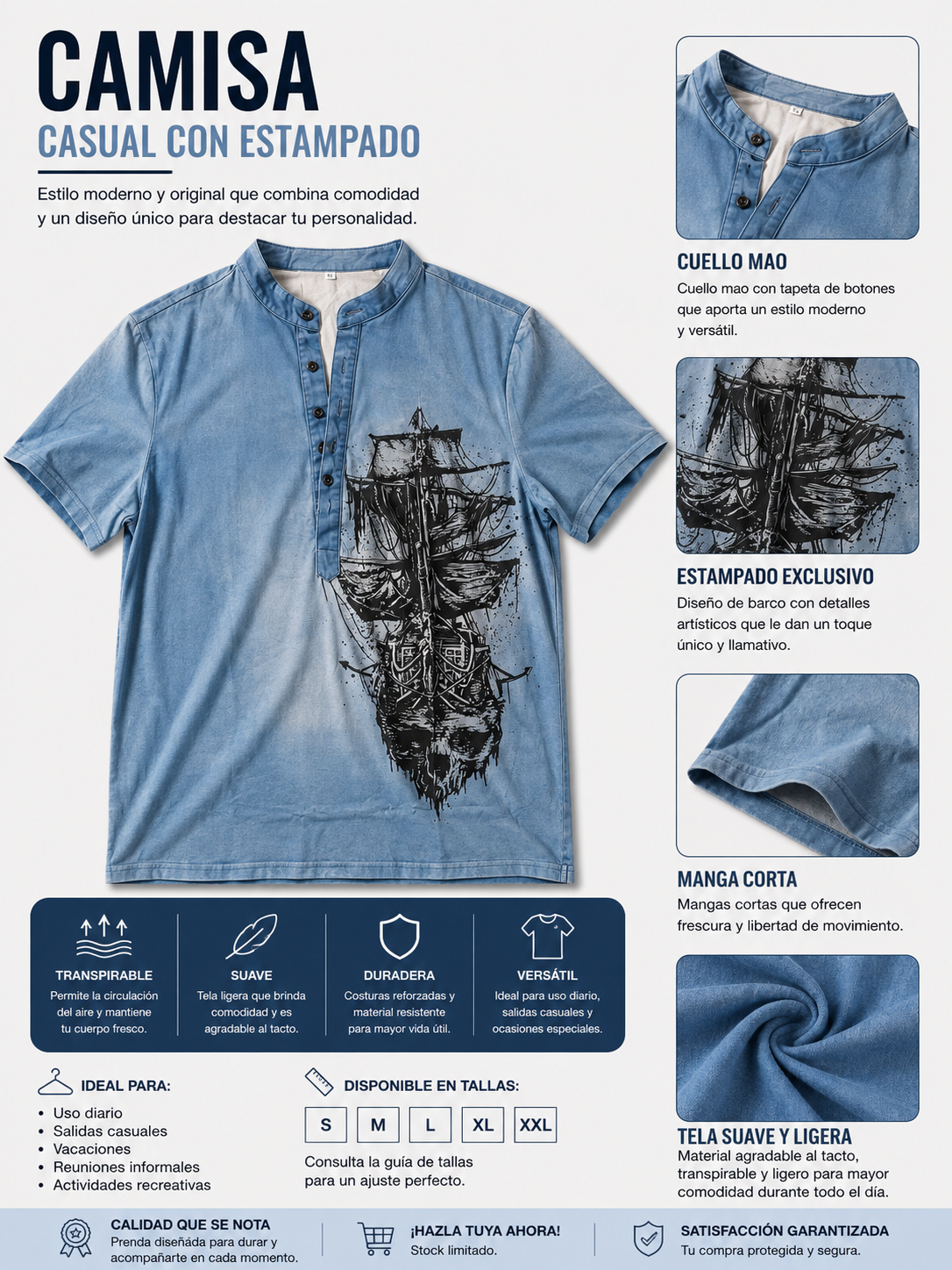 Camisa Masculina Azul con Estampado de Barco