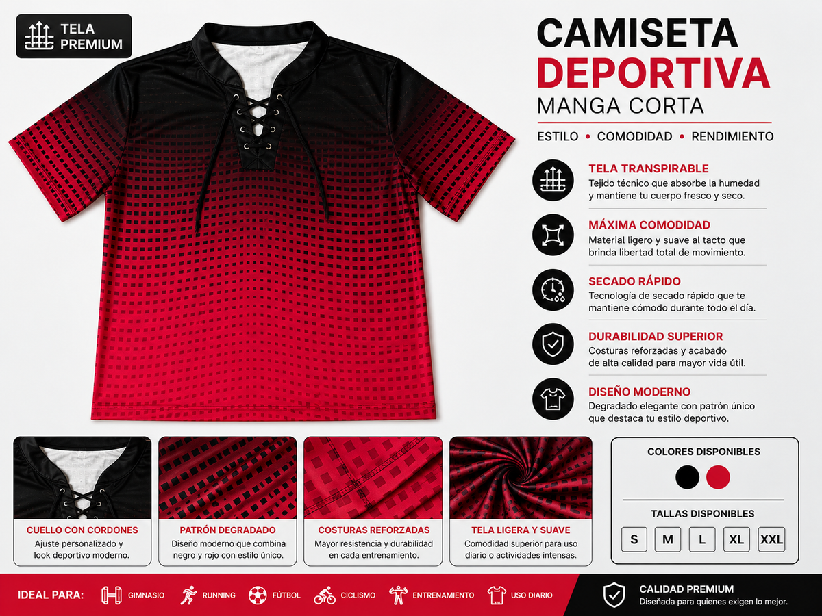 Camiseta Deportiva Manga Corta Degradada Negro y Rojo