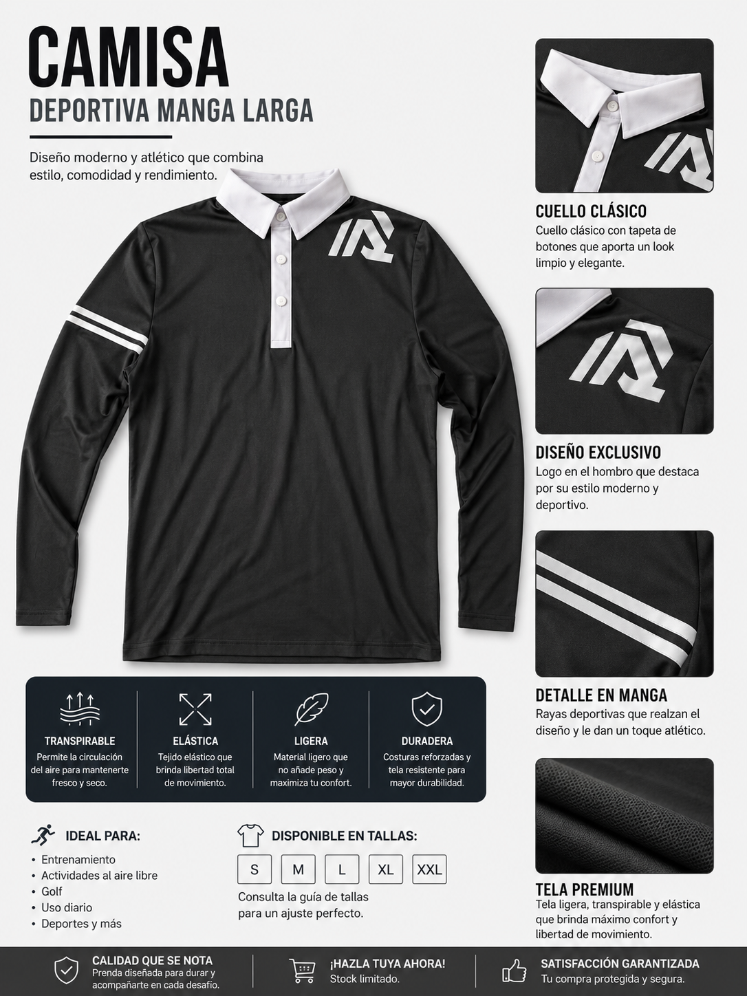 Camisa Deportiva Masculina de Manga Larga Negra y Blanca