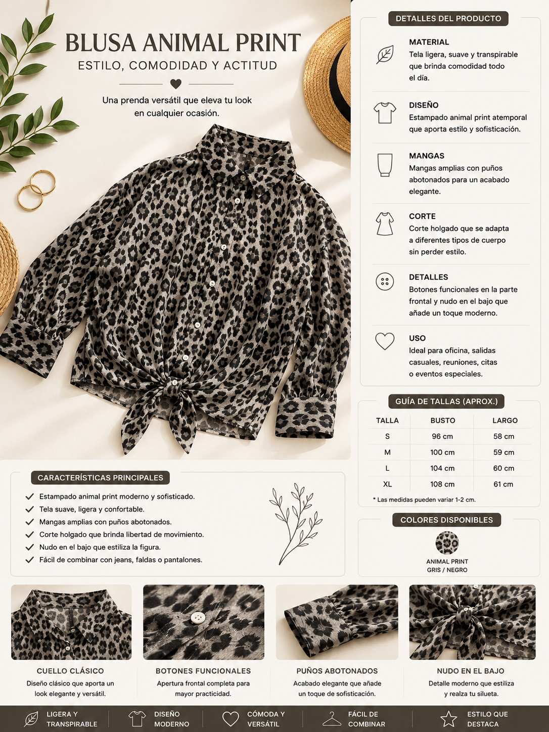 Blusa Animal Print con Nudo Frontal para Mujer