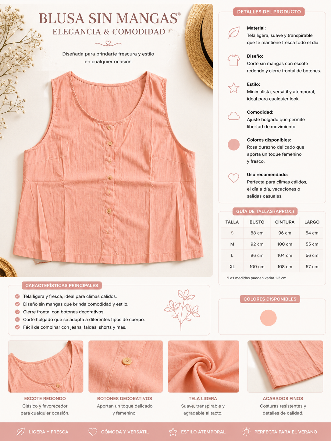 Blusa Sin Mangas Rosa Durazno para Mujer