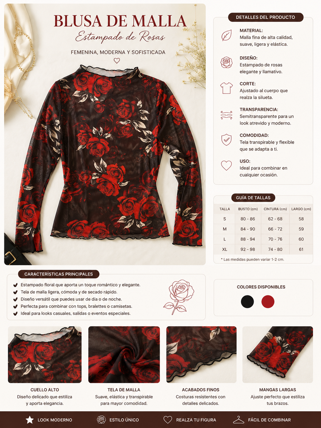 Blusa de Malla Estampado de Rosas 🌹