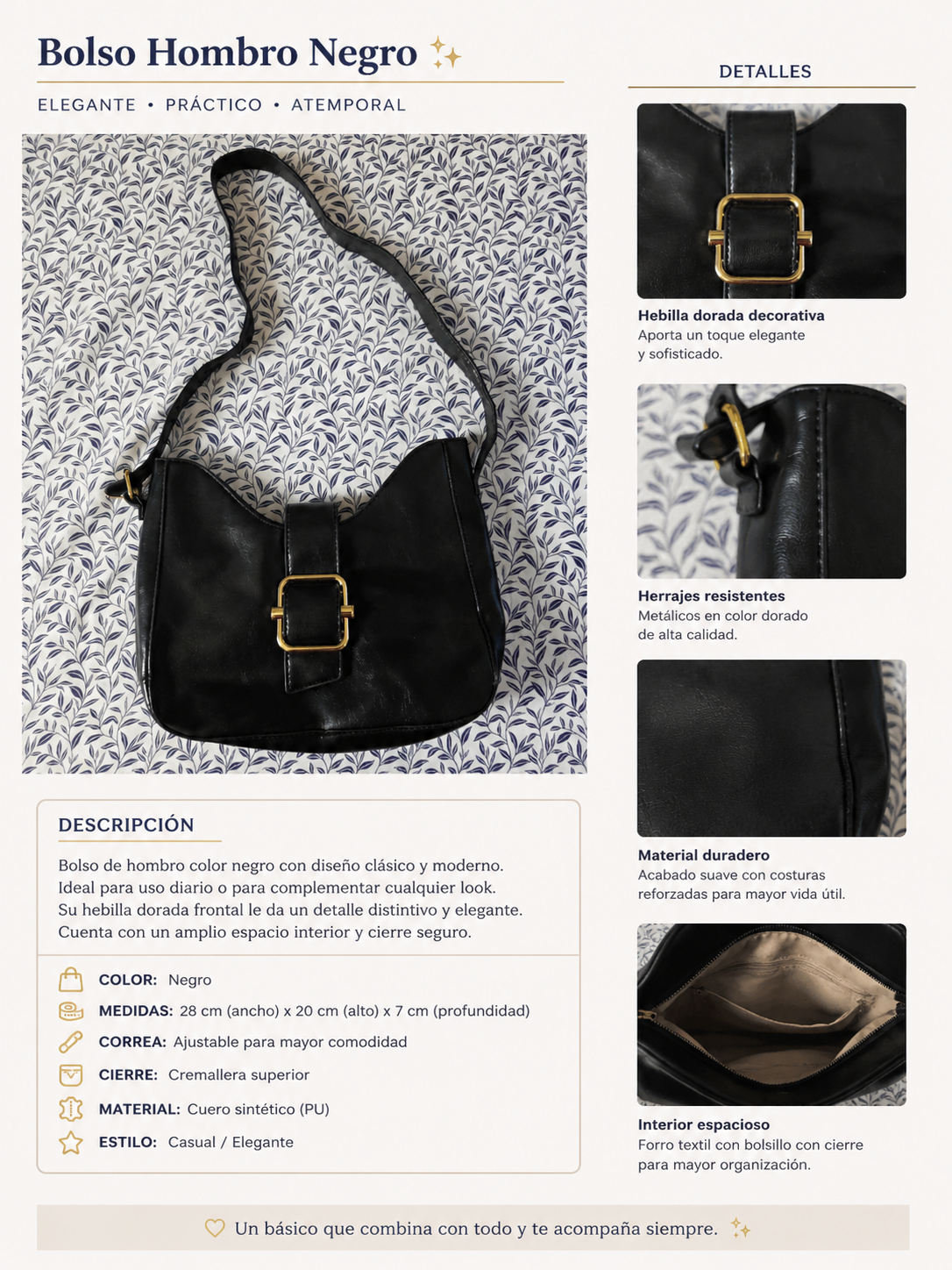 🖤 Bolso de Hombro Negro con Hebilla Dorada