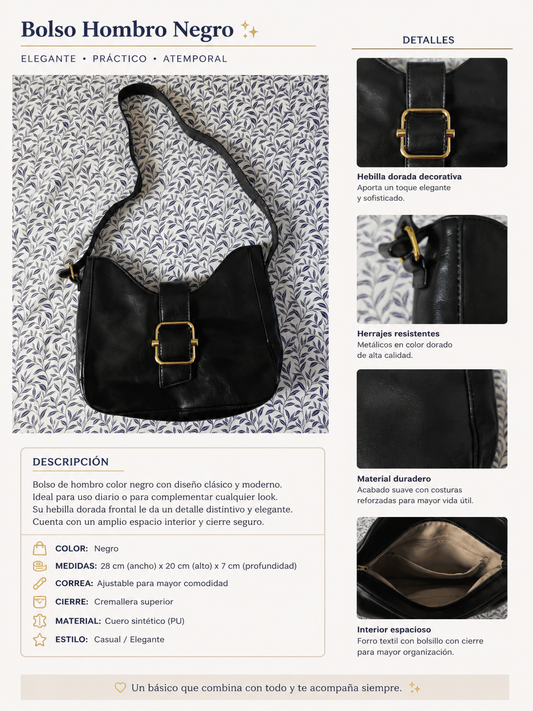 🖤 Bolso de Hombro Negro con Hebilla Dorada