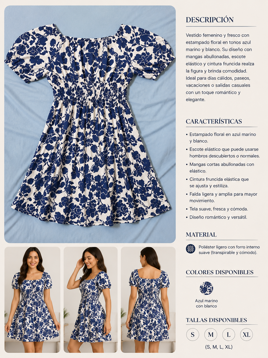 Vestido corto femenino con estampado floral en tonos azul marino y blanco,