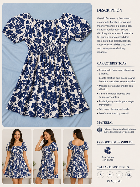 Vestido corto femenino con estampado floral en tonos azul marino y blanco,