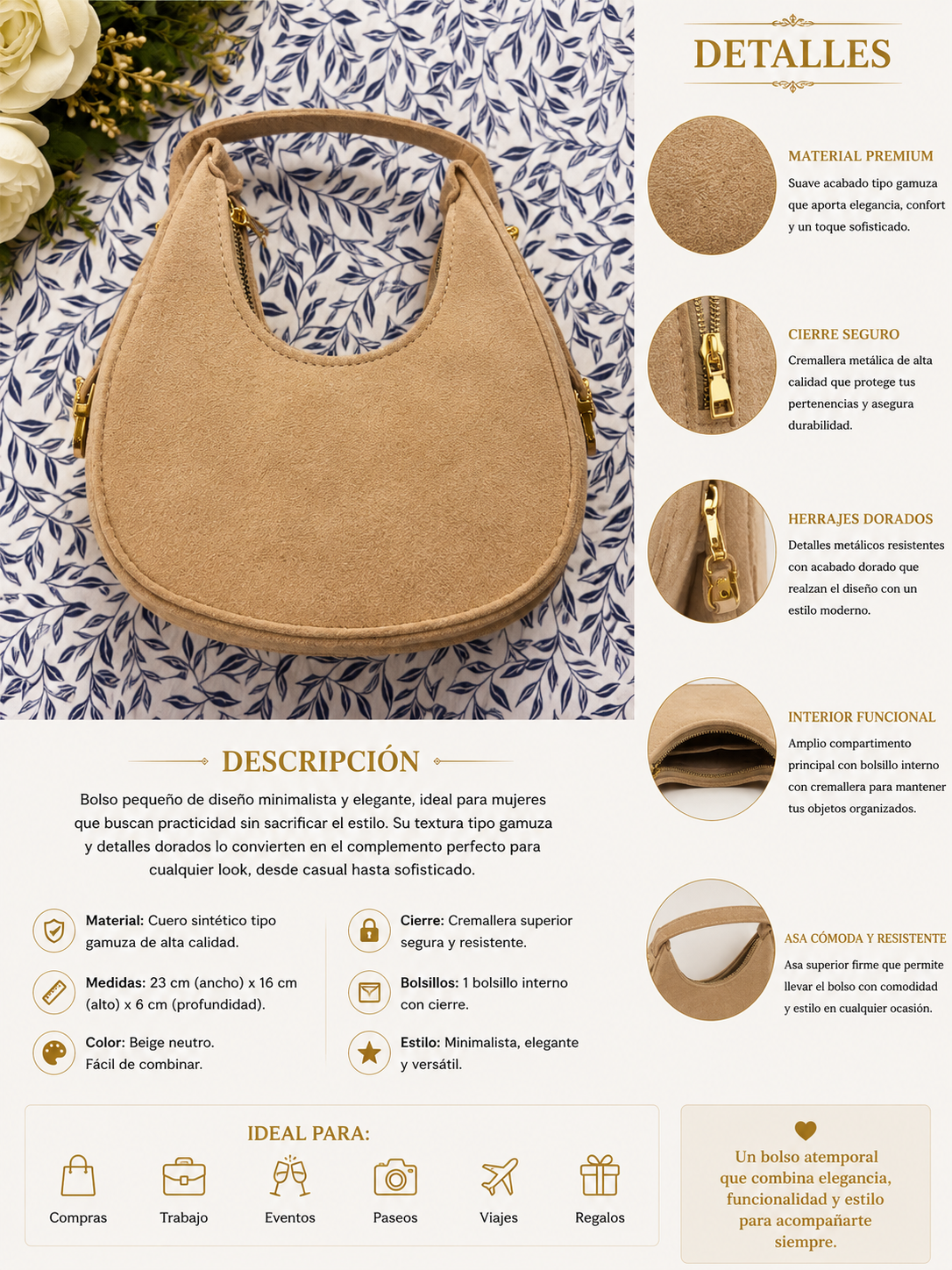 Bolso Mini Beige Tipo Gamuza Elegance