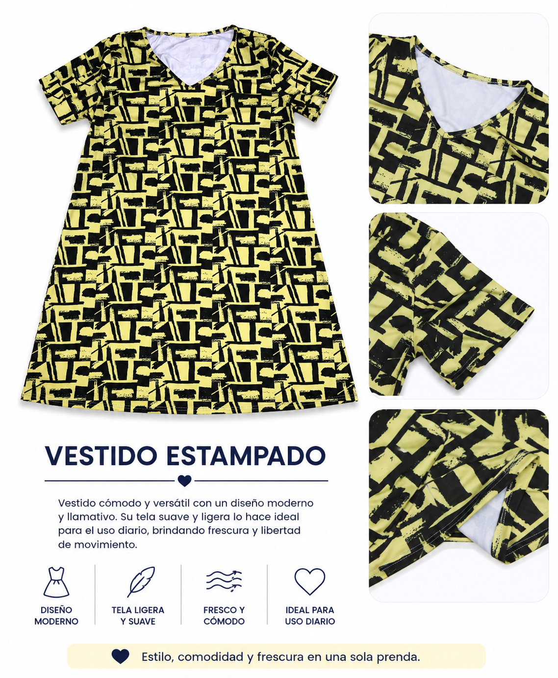 Vestido Casual Estampado para Mujer con Escote en V y Diseño Geométrico Moderno.