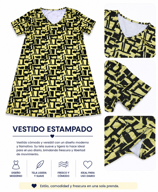 Vestido Casual Estampado para Mujer con Escote en V y Diseño Geométrico Moderno.