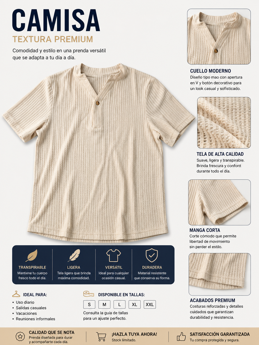 Camisa Masculina Texturizada de Manga Corta