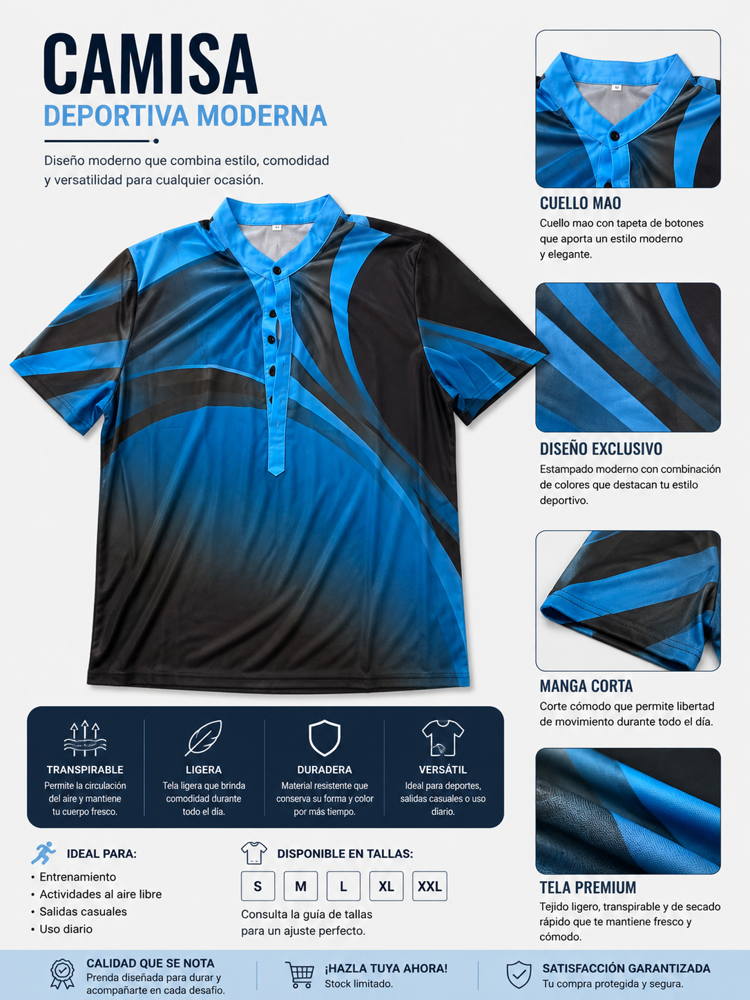 Camisa Masculina Deportiva Azul y Negra con Cuello Mao