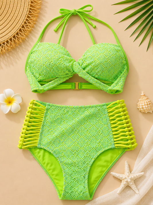 Bikini de Dos Piezas para Mujer con Encaje y Cintura Alta en Verde Neón