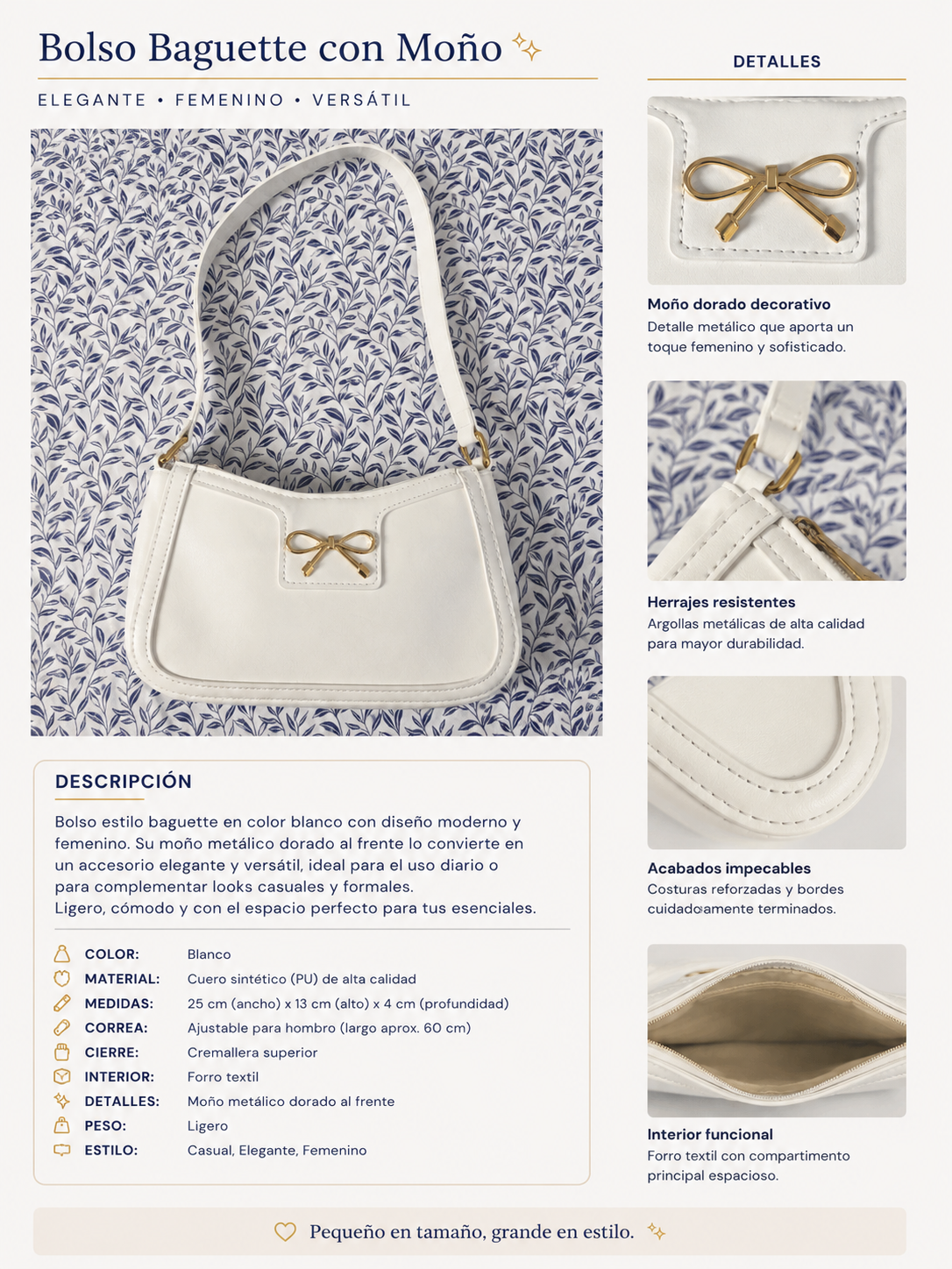 Bolso Baguette Blanco con Moño Dorado