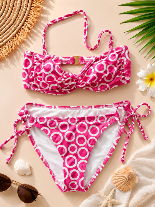 Bikini de Dos Piezas para Mujer con Estampado de Círculos Rosa y Blanco