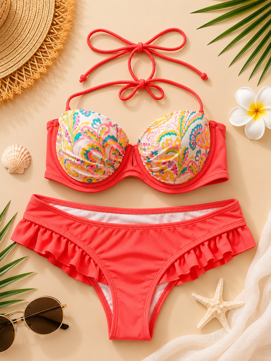 Bikini de Dos Piezas para Mujer con Estampado Paisley Coral y Volantes