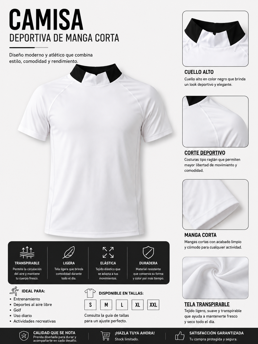 Camisa Deportiva Masculina de Manga Larga Negra y Blanca