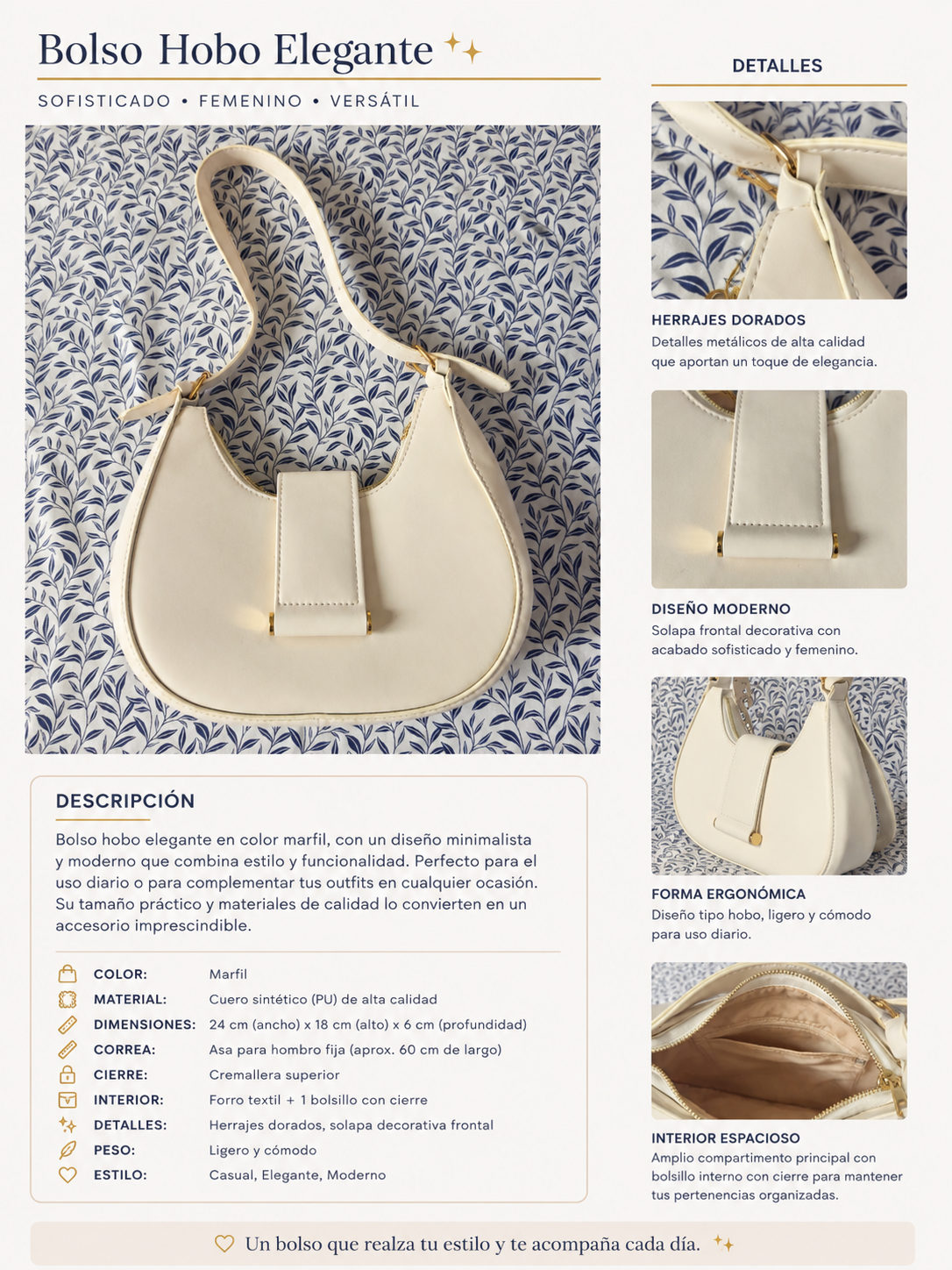 Bolso Hobo Elegante Color Marfil