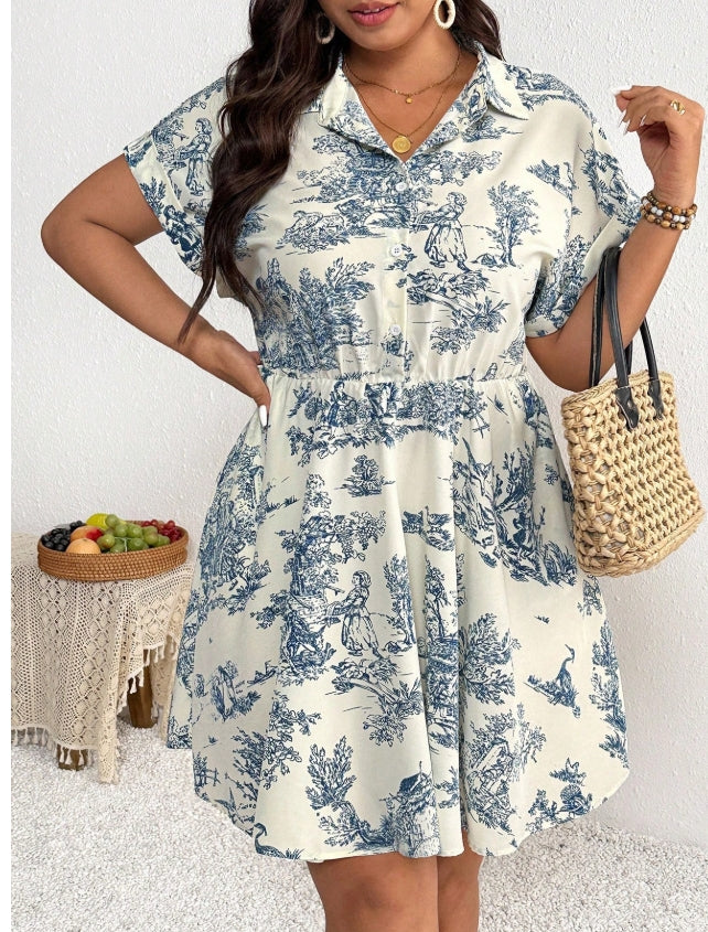 Vestido azul de manga corta con cinturón y estampado de paisaje para mujer de talla grande, vestido casual de moda, nuevo diseño de primavera/verano