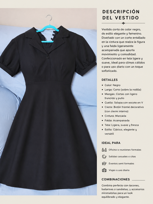 Vestido corto negro de estilo elegante y moderno,
