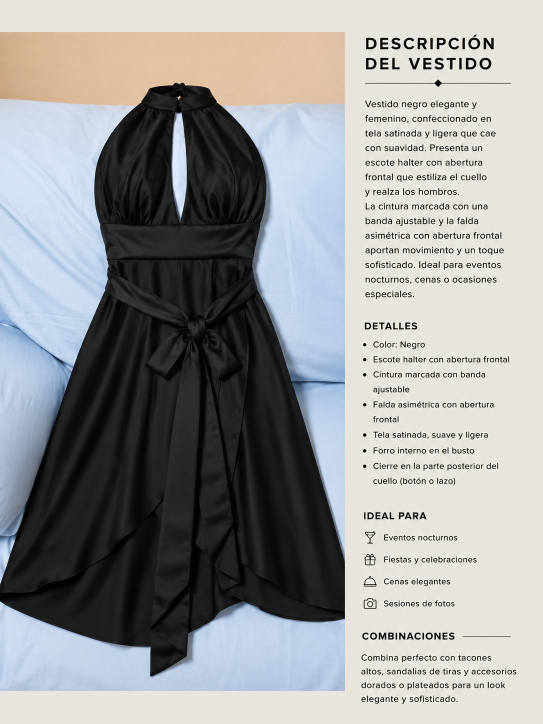 Vestido negro elegante confeccionado en tela satinada y ligera