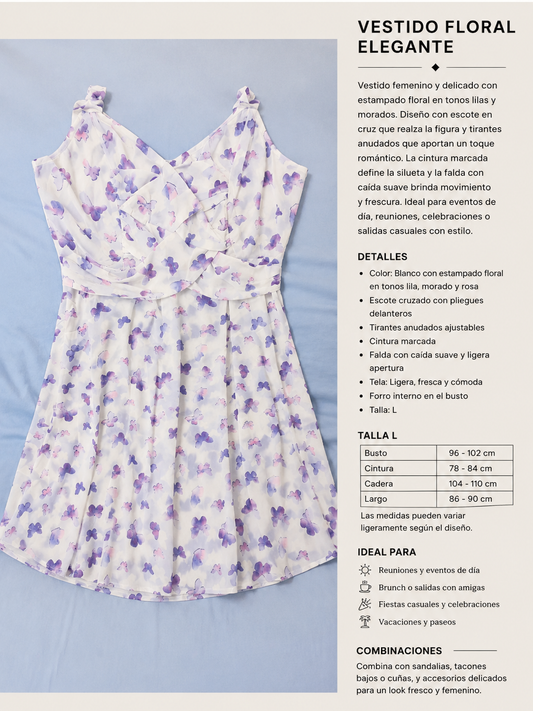 Vestido floral y mariposas femenino y elegante con estampado en tonos lilas,