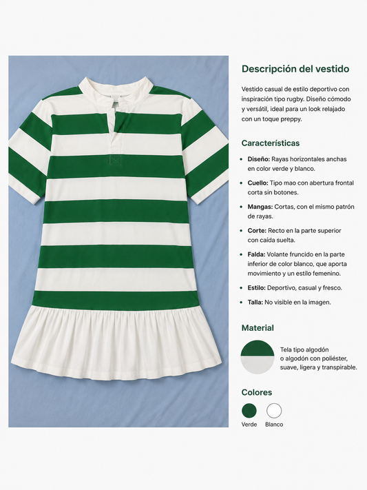Vestido casual estilo deportivo con diseño moderno de rayas horizontales en verde y blanco