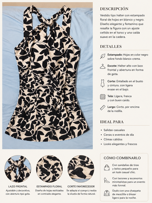 Vestido corto estampado en blanco y negro con diseño elegante y moderno,