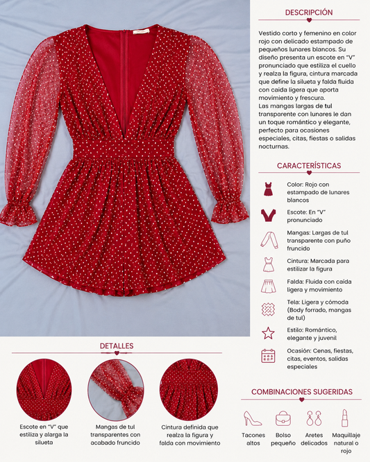 Vestido corto y elegante en color rojo vibrante con delicado estampado de lunares