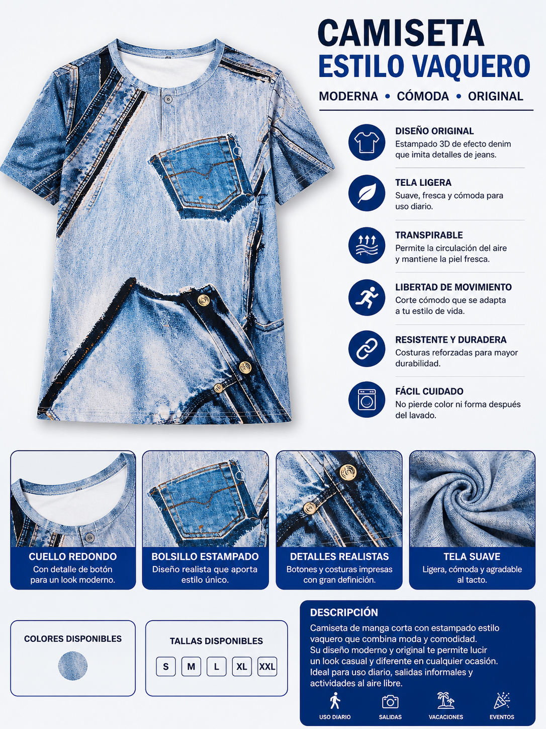Camiseta Manga Corta Estilo Vaquero – Azul