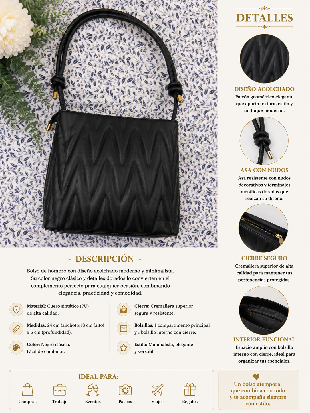 Bolso Negro Acolchado Elegance