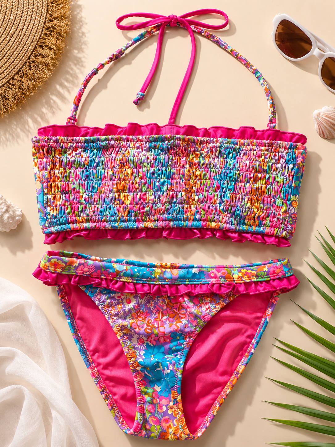 Bikini Bandeau de Dos Piezas para Mujer con Estampado Floral Multicolor