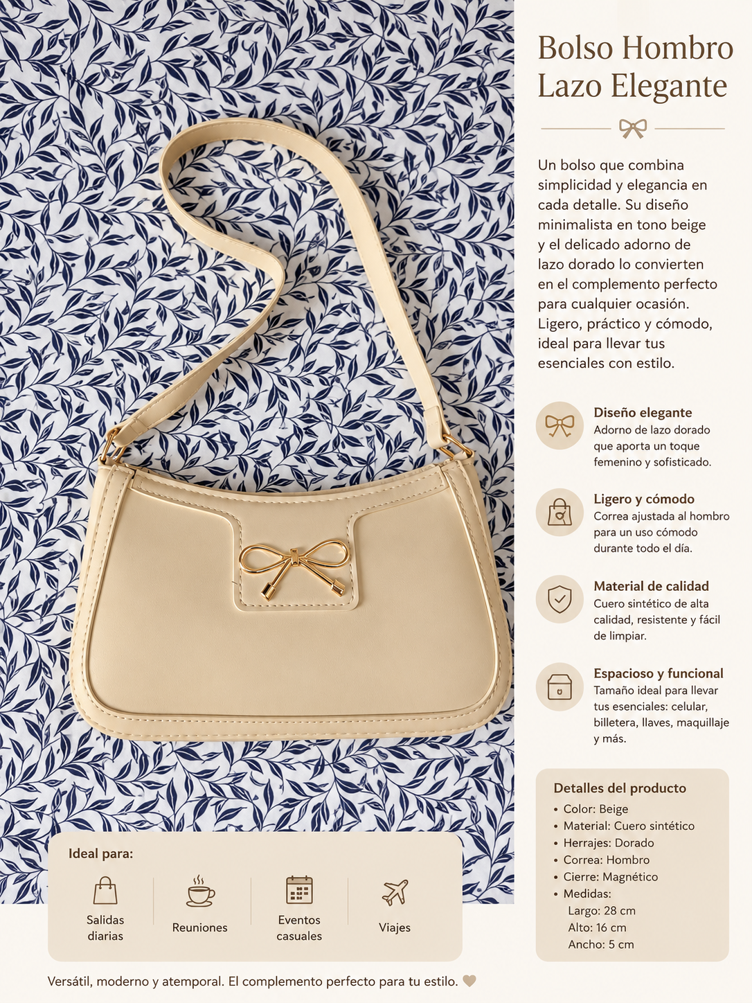 Bolso Baguette Blanco con Moño Dorado