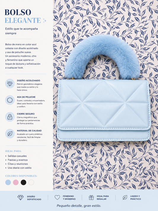 Bolso Elegante Azul Celeste con Asa de Peluche