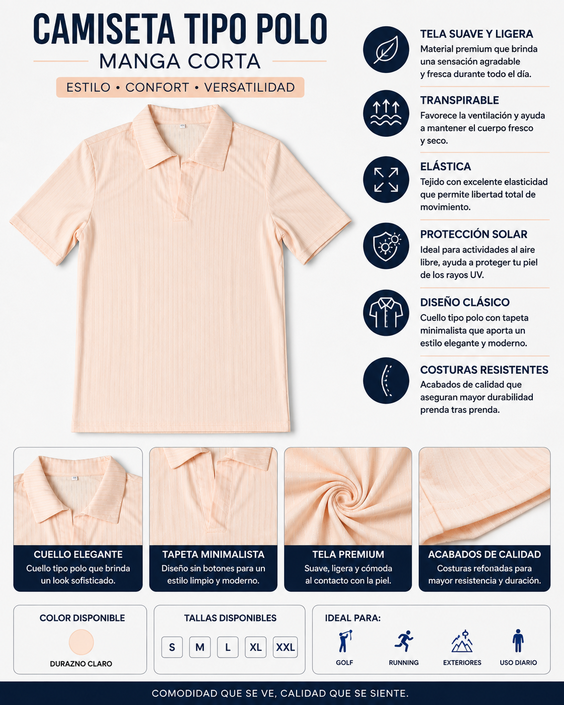 Camiseta de Manga Corta con Cuello – Durazno Claro
