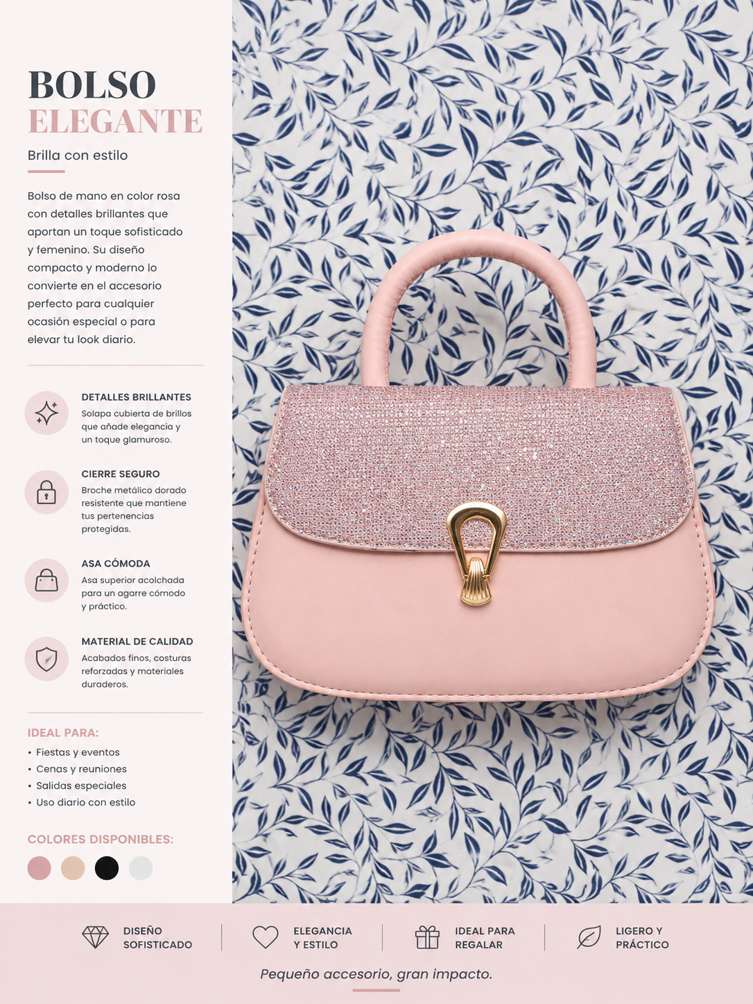 Bolso de Mano Elegante Rosa con Brillos
