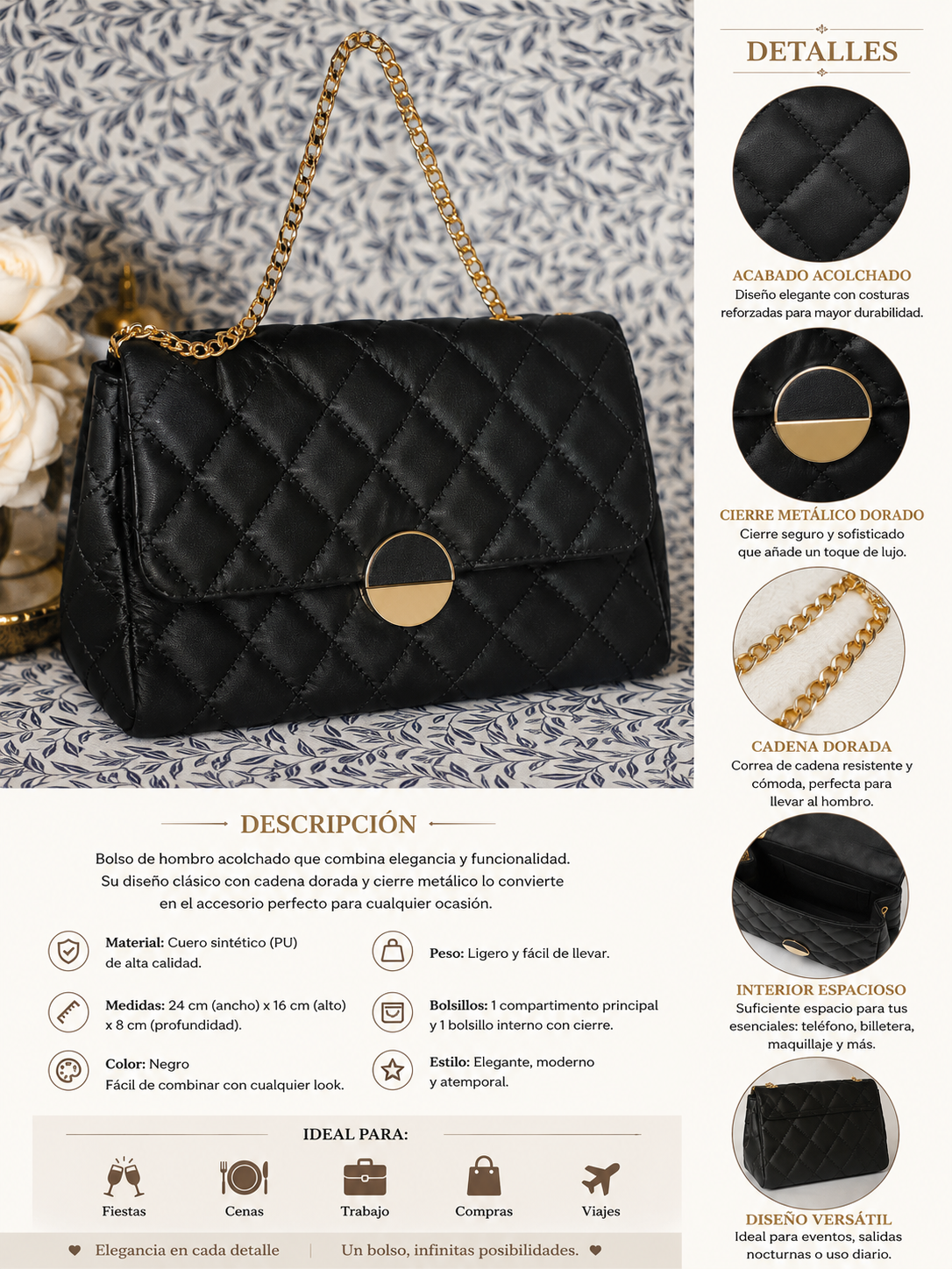 Bolso Acolchado Elegance Negro con Cadena Dorada